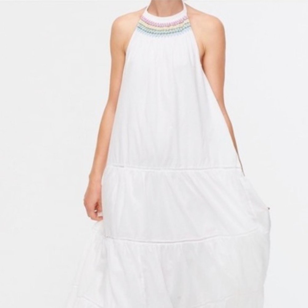 NWT J.Crew Tiered Halter Maxi in White Rainbow Embroidery Cotton Dress Sz M
